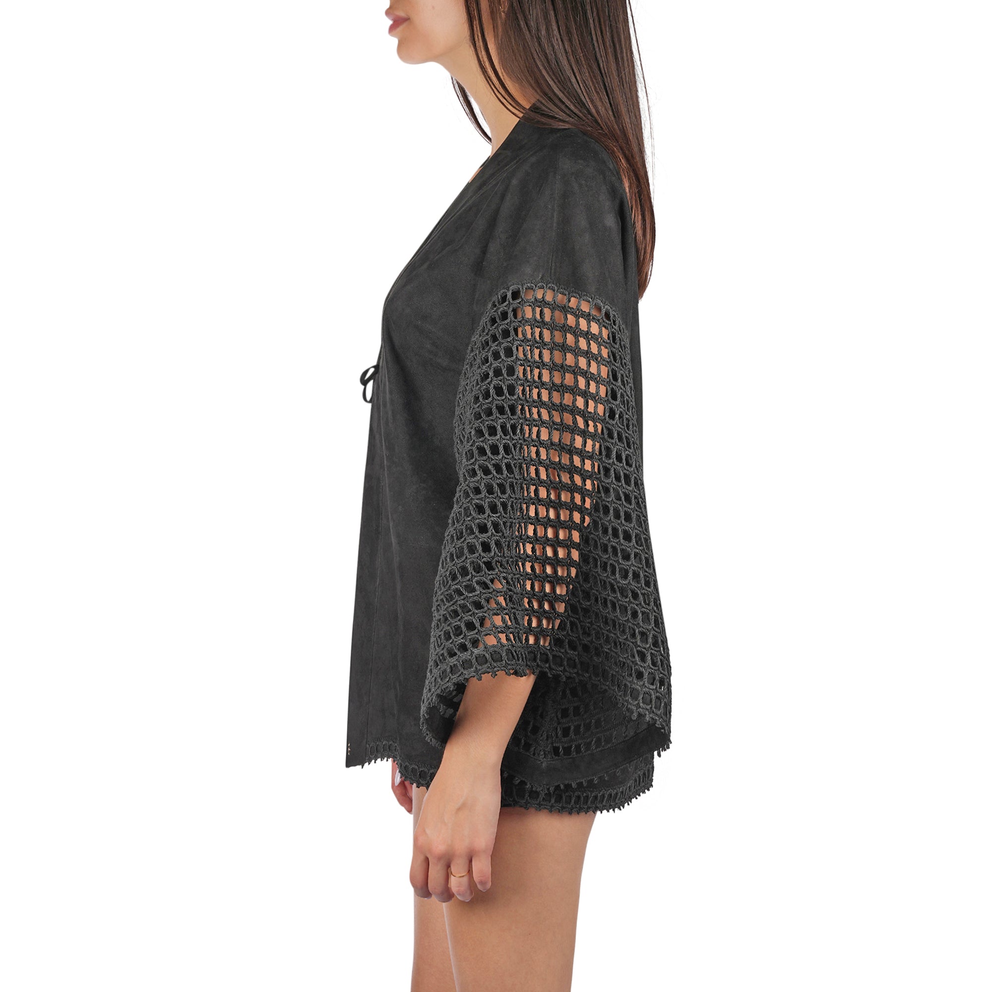 AD5700 Kimono Camoscio Nero + Uncinetto Nero