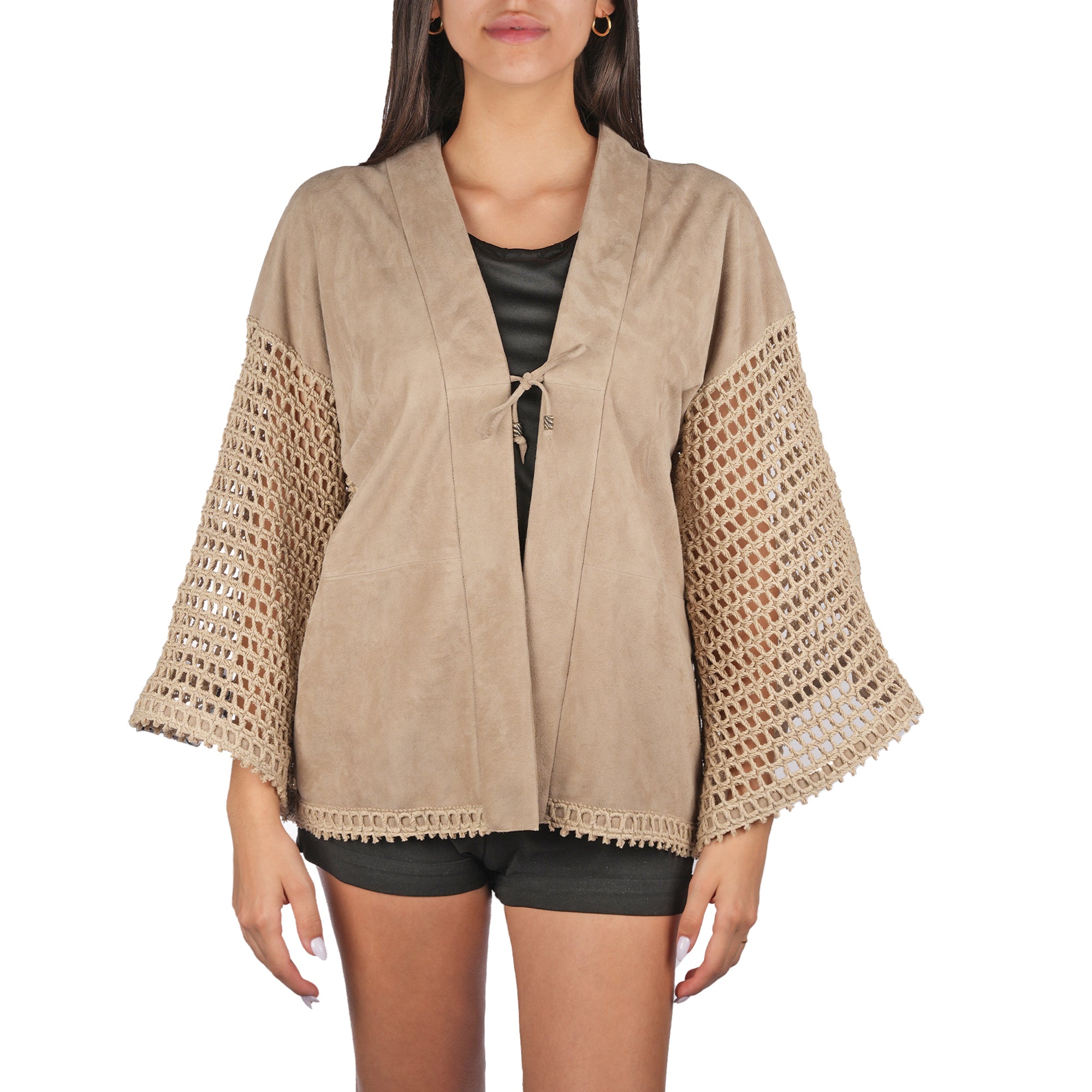 AD5700 Kimono Camoscio Beige + Uncinetto Corda
