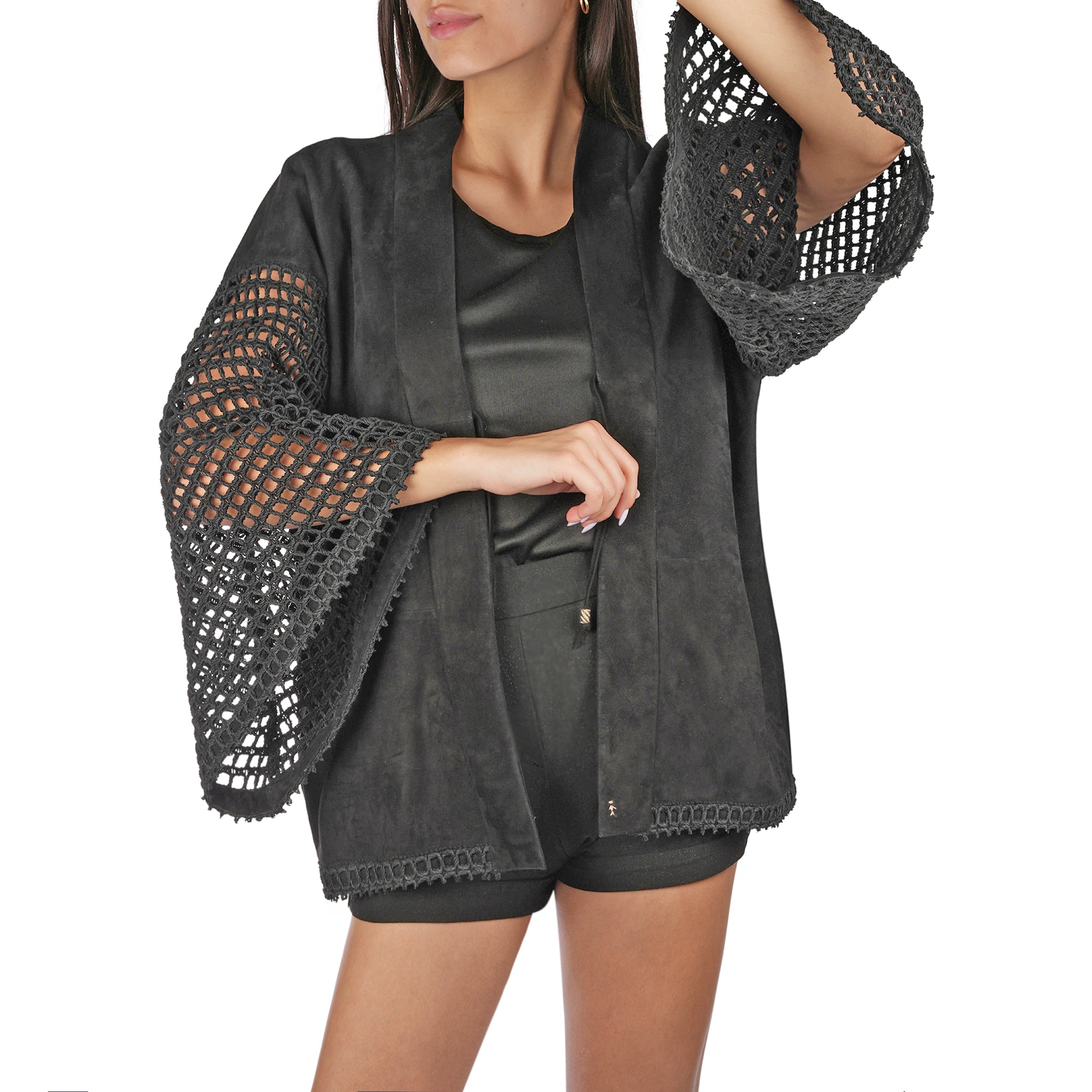AD5700 Kimono Camoscio Nero + Uncinetto Nero