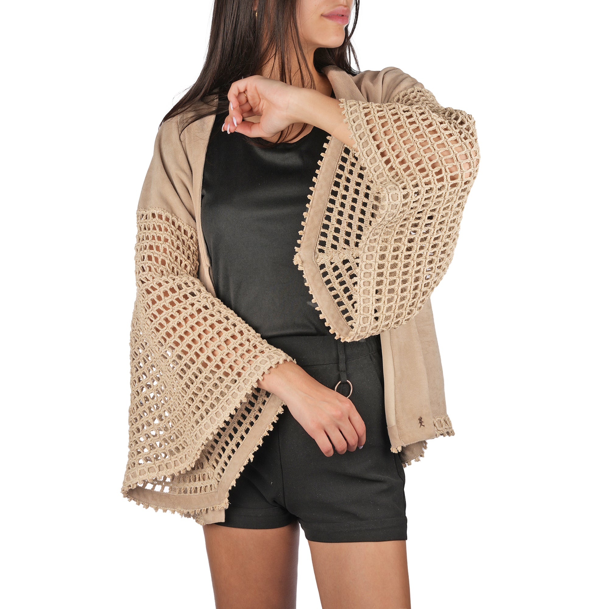 AD5700 Kimono Camoscio Beige + Uncinetto Corda